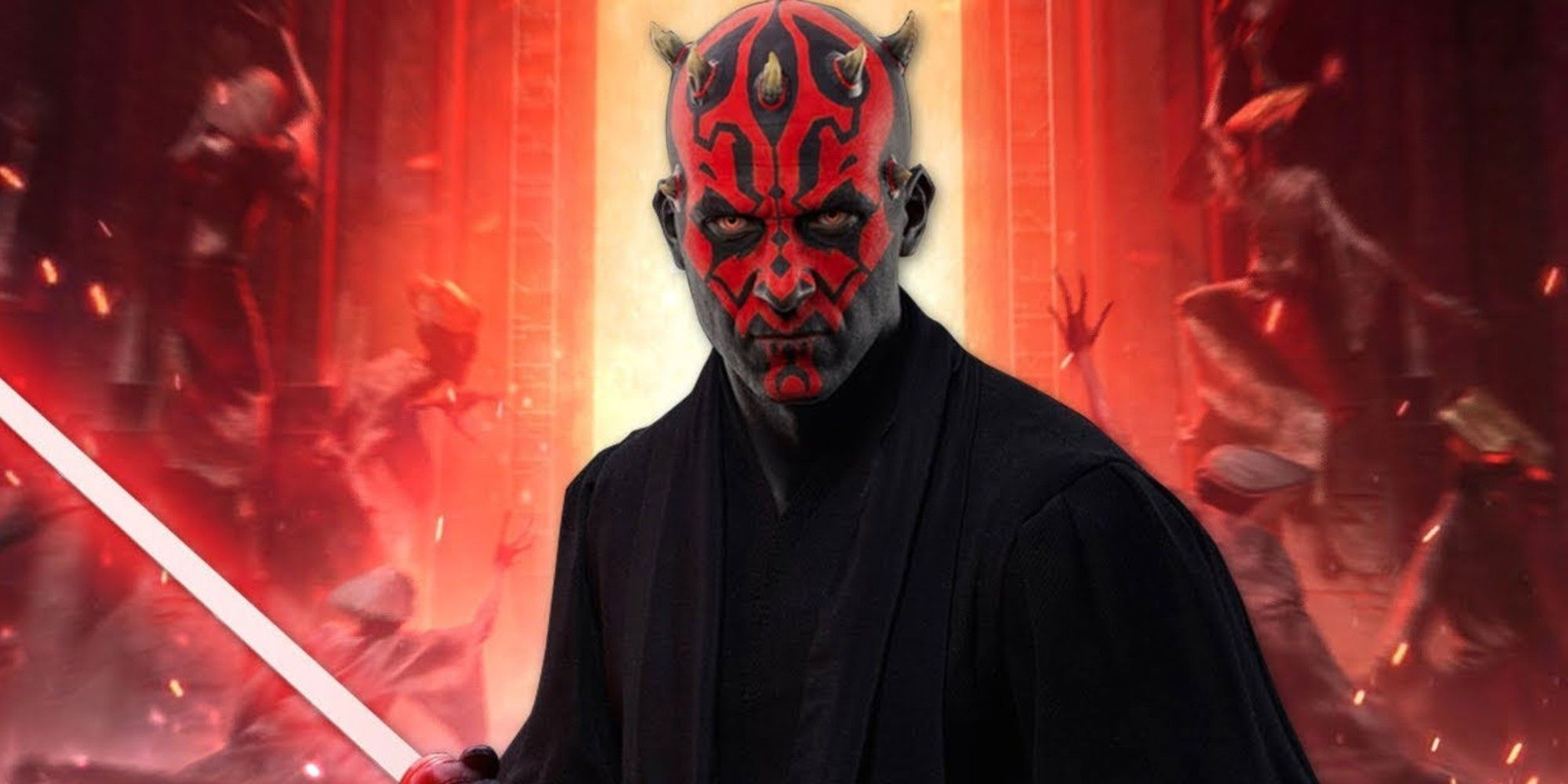 Dark Maul, expert du double sabre laser dans l'univers Star Wars.